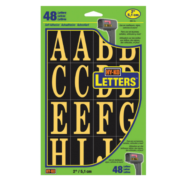 MM-3L Self-Adhesive Packaged Letter Set, 1-3/4 in H Character, Gold Character, Black Background, Mylar