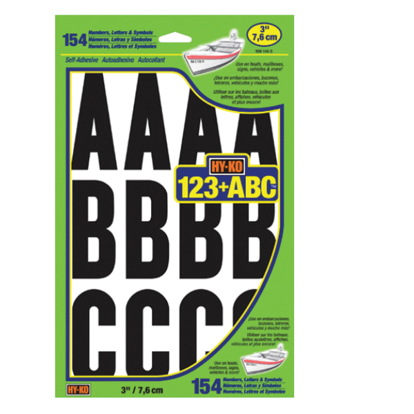 MM-144-B Packaged Number and Letter Set, 3 in H Character, Black Character, White Background, Vinyl