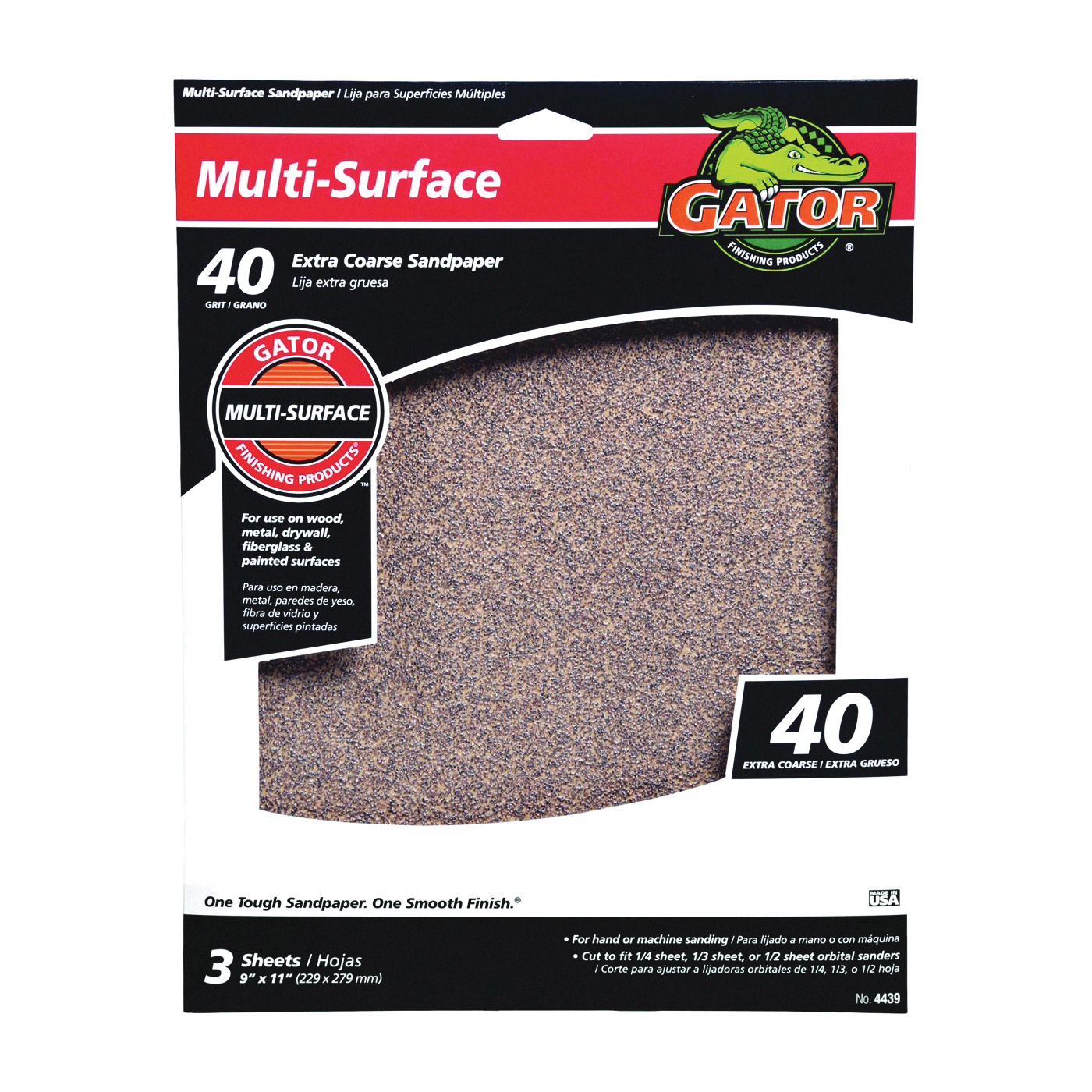 4439 Sanding Sheet, 11 in L, 9 in W, 40 Grit, Coarse, Aluminum Oxide Abrasive