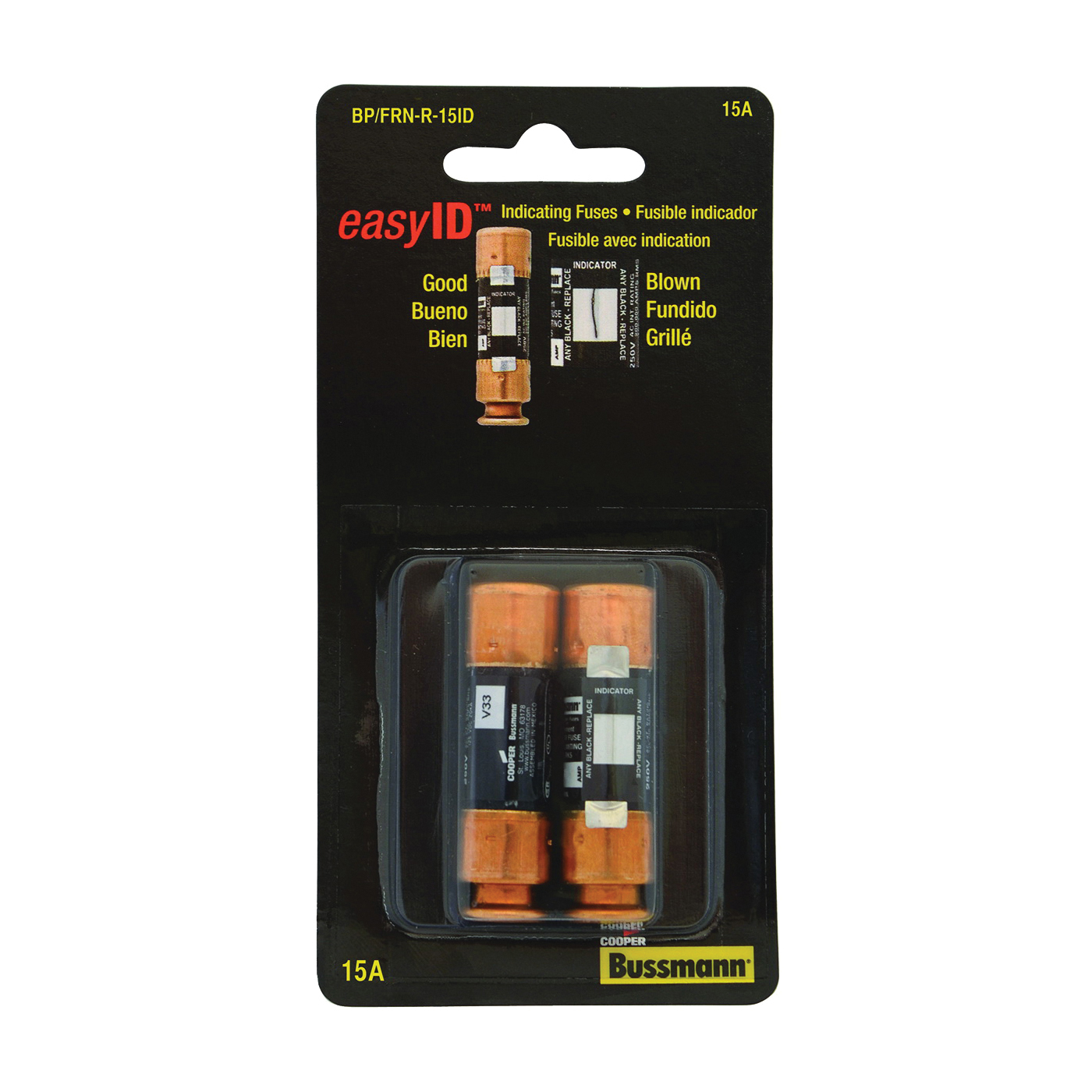 FRN-R Series BP/FRN-R-15ID Fuse, 15 A, 250 VAC, 125 VDC, 20, 200 kA Interrupt, RK5, Cartridge, Time Delay Fuse