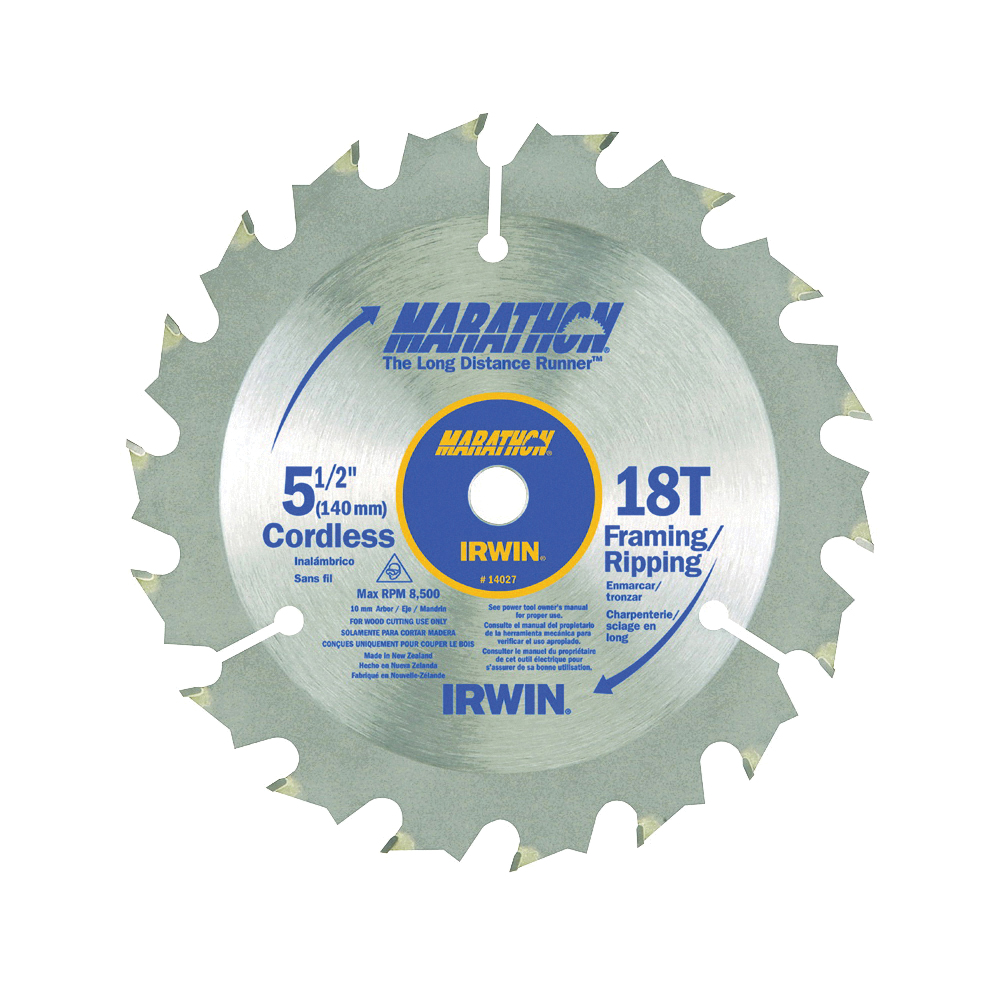 14027 Circular Saw Blade, Wood, 5-1/2 in Dia, 0.39 in Arbor, 18-Teeth, Carbide Cutting Edge