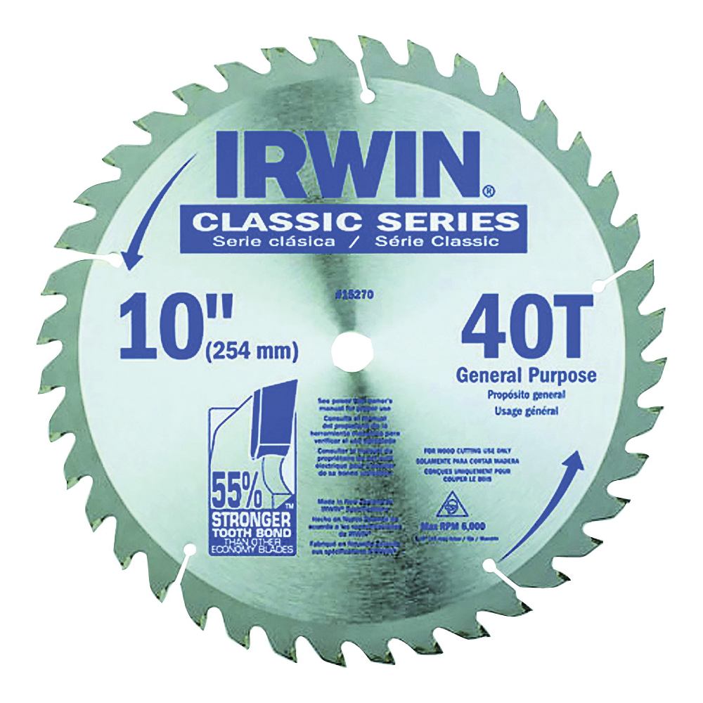 15270 Circular Saw Blade, Wood, 10 in Dia, 5/8 in Arbor, 40-Teeth, Carbide Cutting Edge