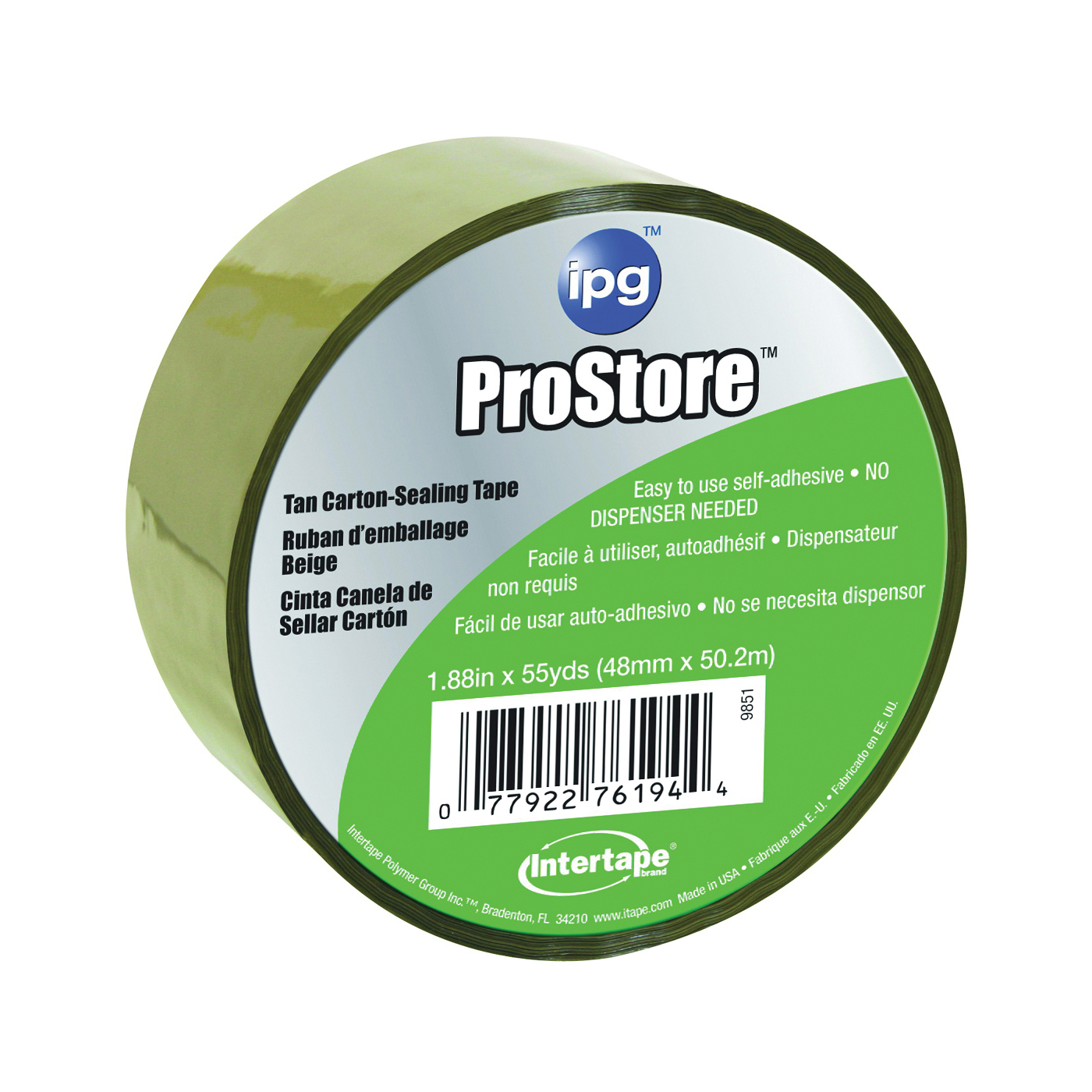 9851 Packaging Tape, 54.6 yd L, 1.88 in W, Polypropylene Backing, Tan