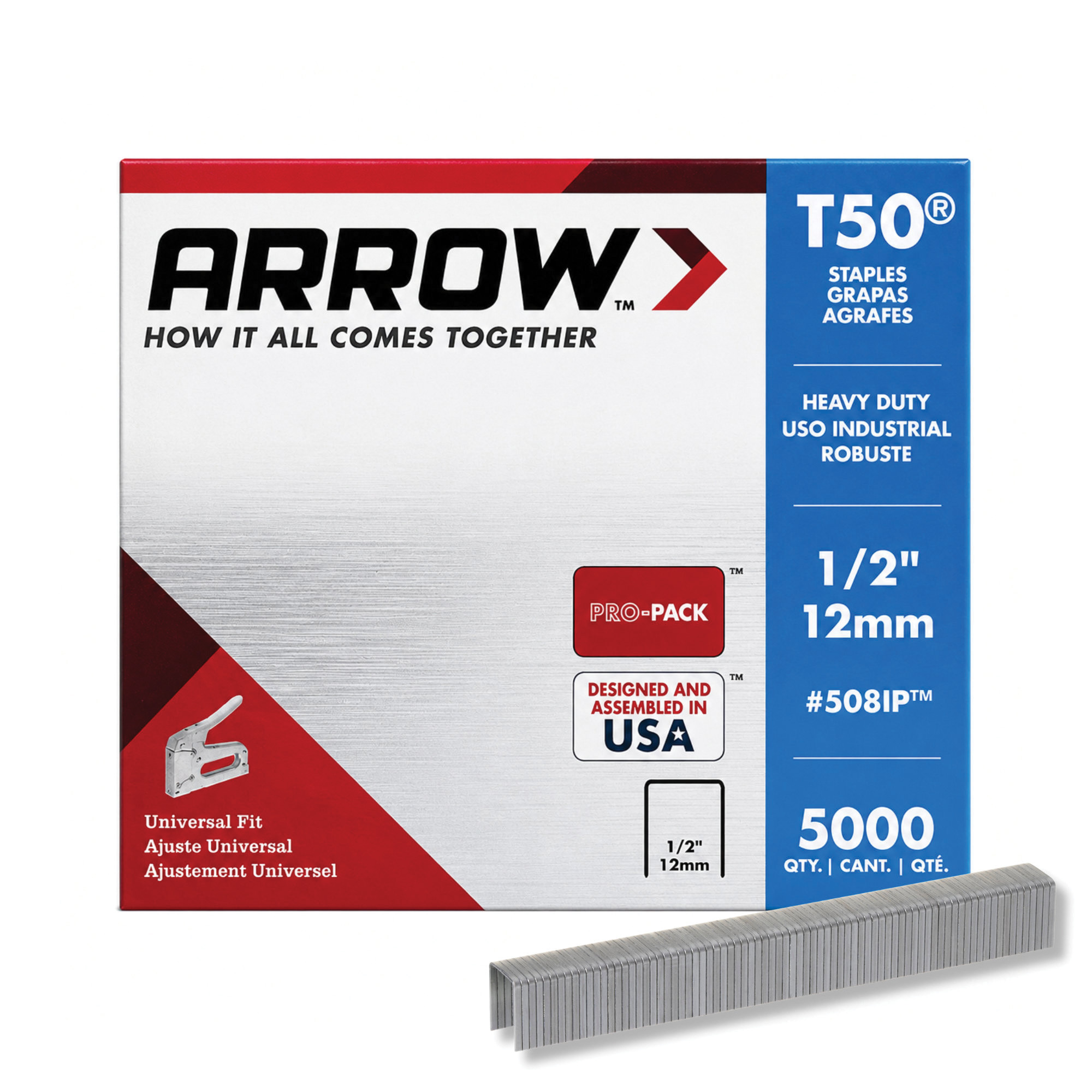 T50 Series 508IP Staple, 3/8 in W Crown, 1/2 in L Leg, Steel