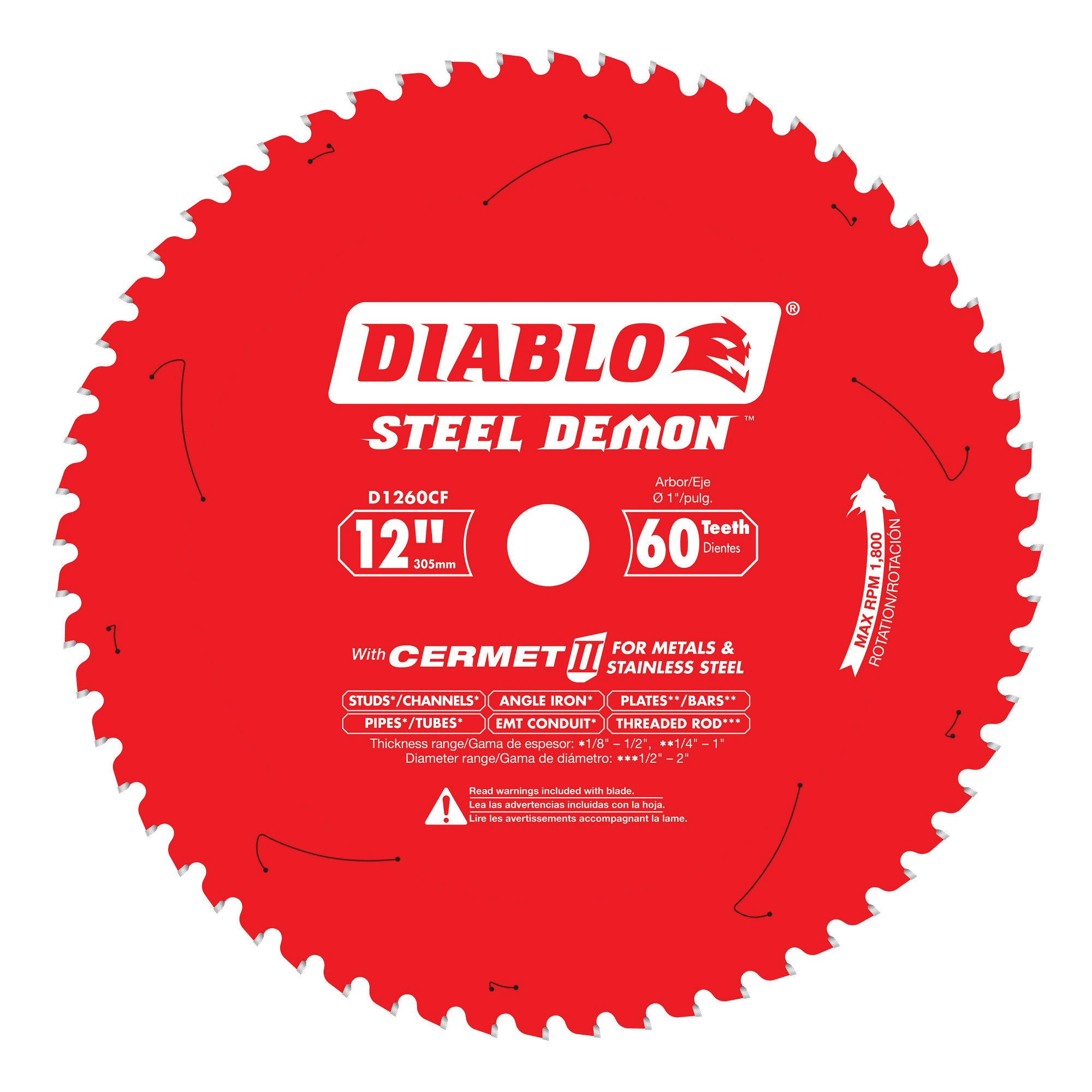 D1260CF Circular Saw Blade, Metal, 12 in Dia, 1 in Arbor, 60-Teeth, Cermet Cutting Edge