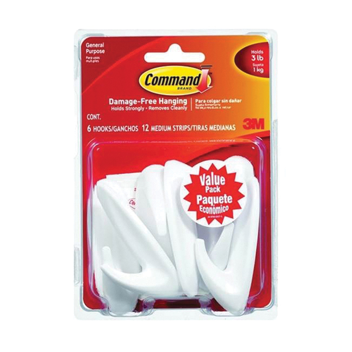 17081-VP-6PK Designer Hook, 3 lb, 6 -Hook, Plastic, White