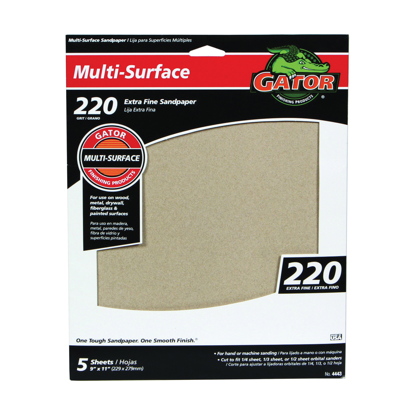 4443 Sanding Sheet, 11 in L, 9 in W, 220 Grit, Extra Fine, Aluminum Oxide Abrasive
