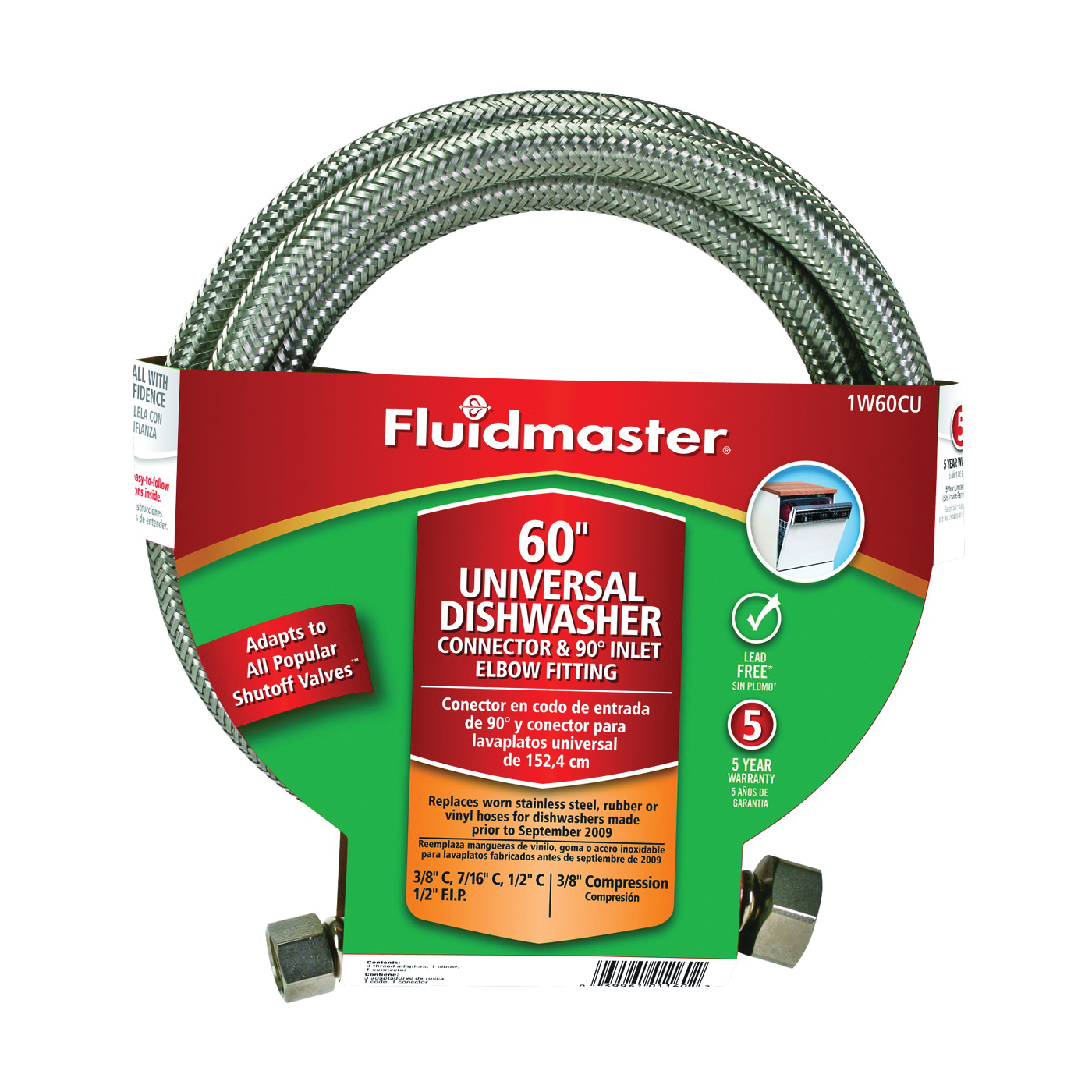 1W60CU Dishwasher Connector, 1/2 x 3/8 in, Compression, Polymer/Stainless Steel, 60 in L