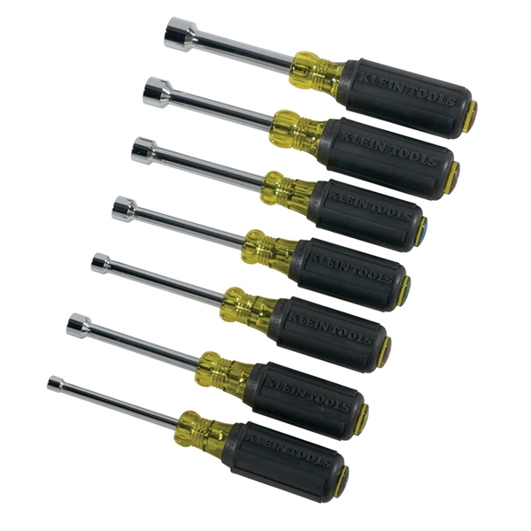 Klein Tools 631 Nutdriver Set, 7-Piece, Steel, Chrome, Black, Specifications: 3 in Shank - 3