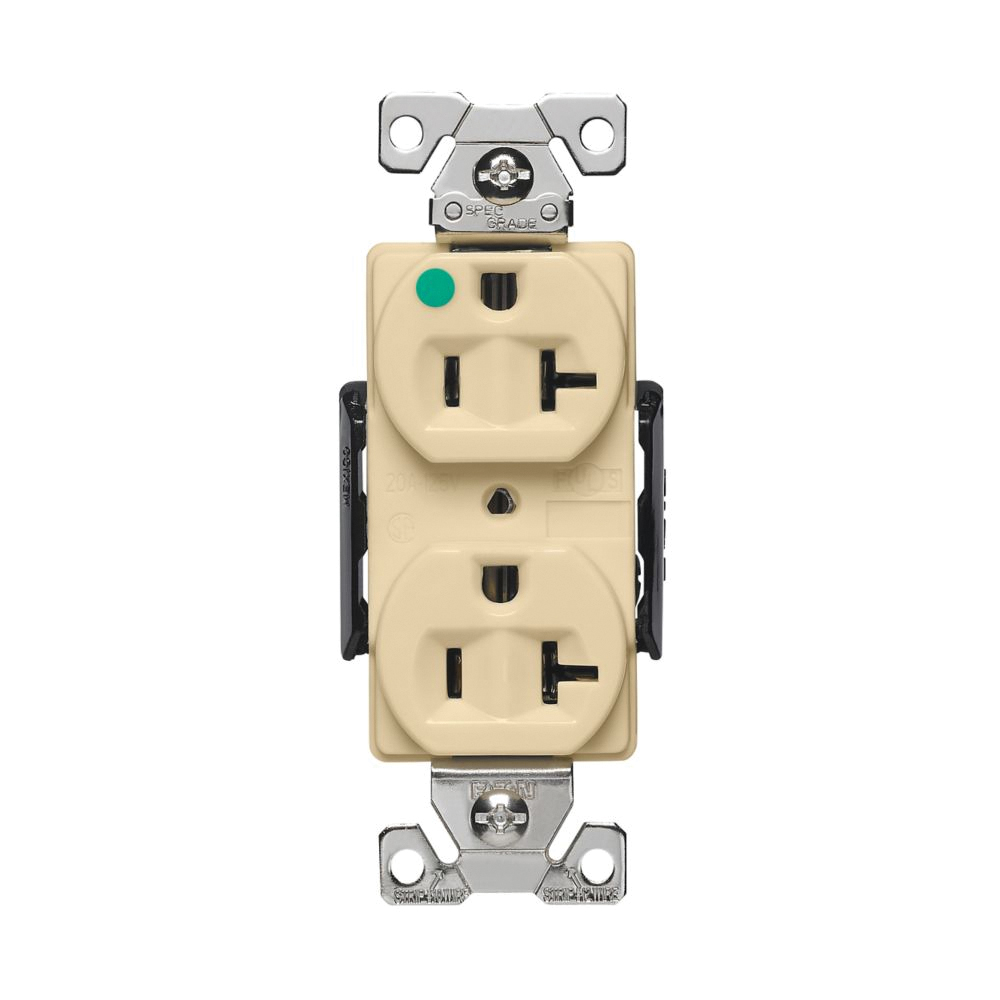 AH8300V Duplex Receptacle, Brass, Ivory, 2-Pole, 20 A, 125 V, Back, Side Wiring, NEMA: 5-20R