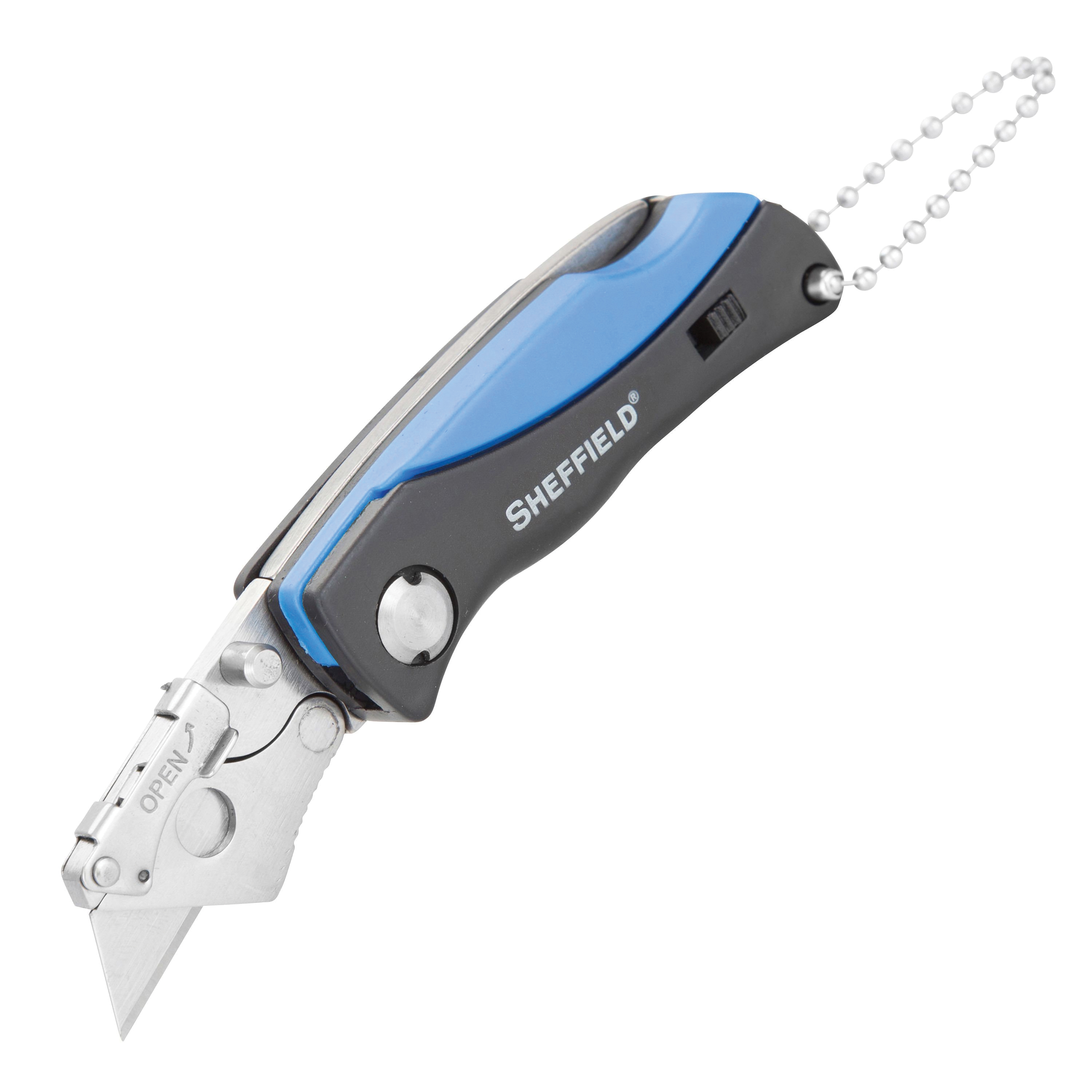 12125 Utility Knife, 1-1/2 in L Blade, Stainless Steel Blade, Curved Handle, 6-Blades, Black/Blue Handle