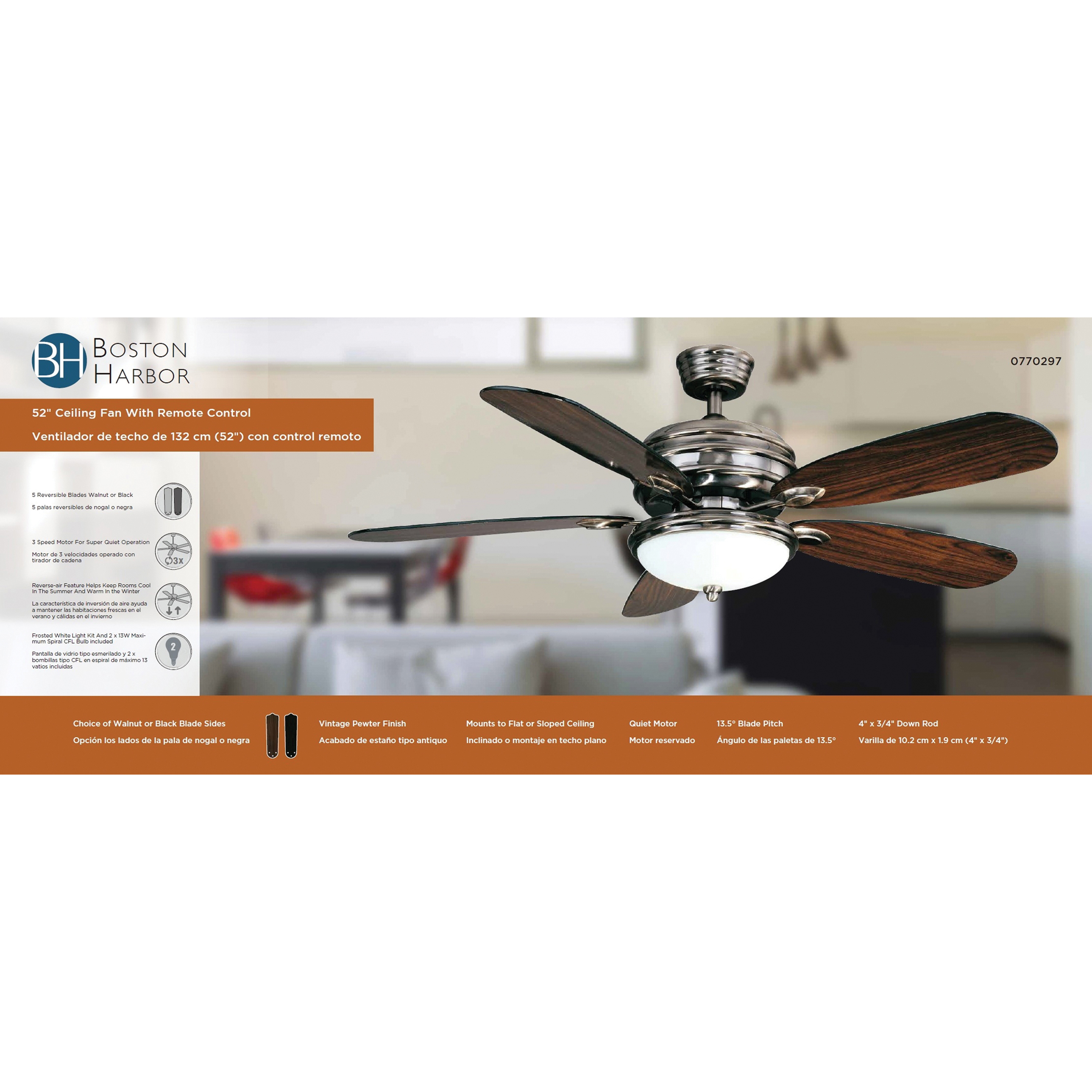 Boston Harbor AG624+1L-VPW Ceiling Fan, 5-Blade, Black/Walnut Blade, 52 in Sweep, 3-Speed, With Lights: Yes - 2