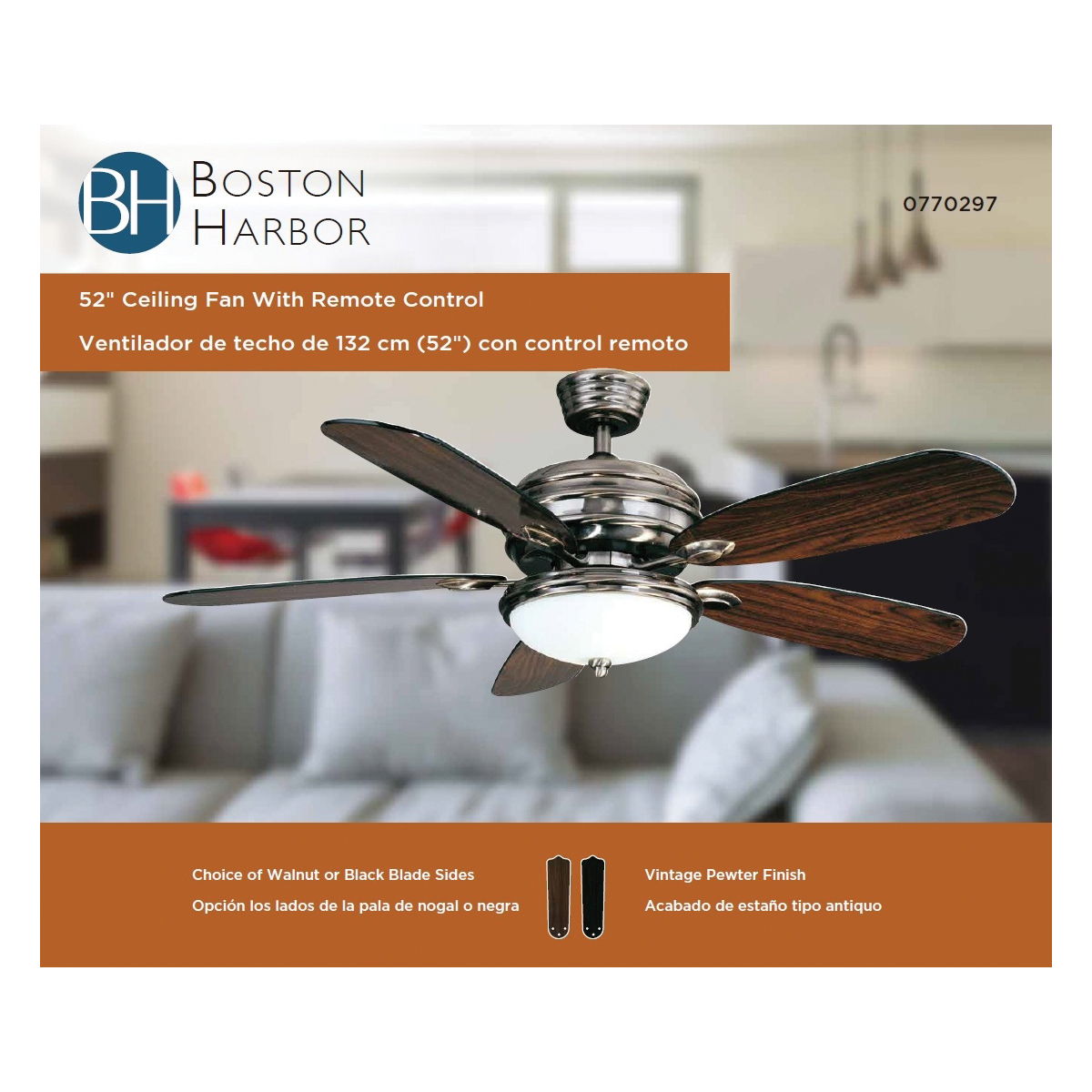 Boston Harbor AG624+1L-VPW Ceiling Fan, 5-Blade, Black/Walnut Blade, 52 in Sweep, 3-Speed, With Lights: Yes - 3