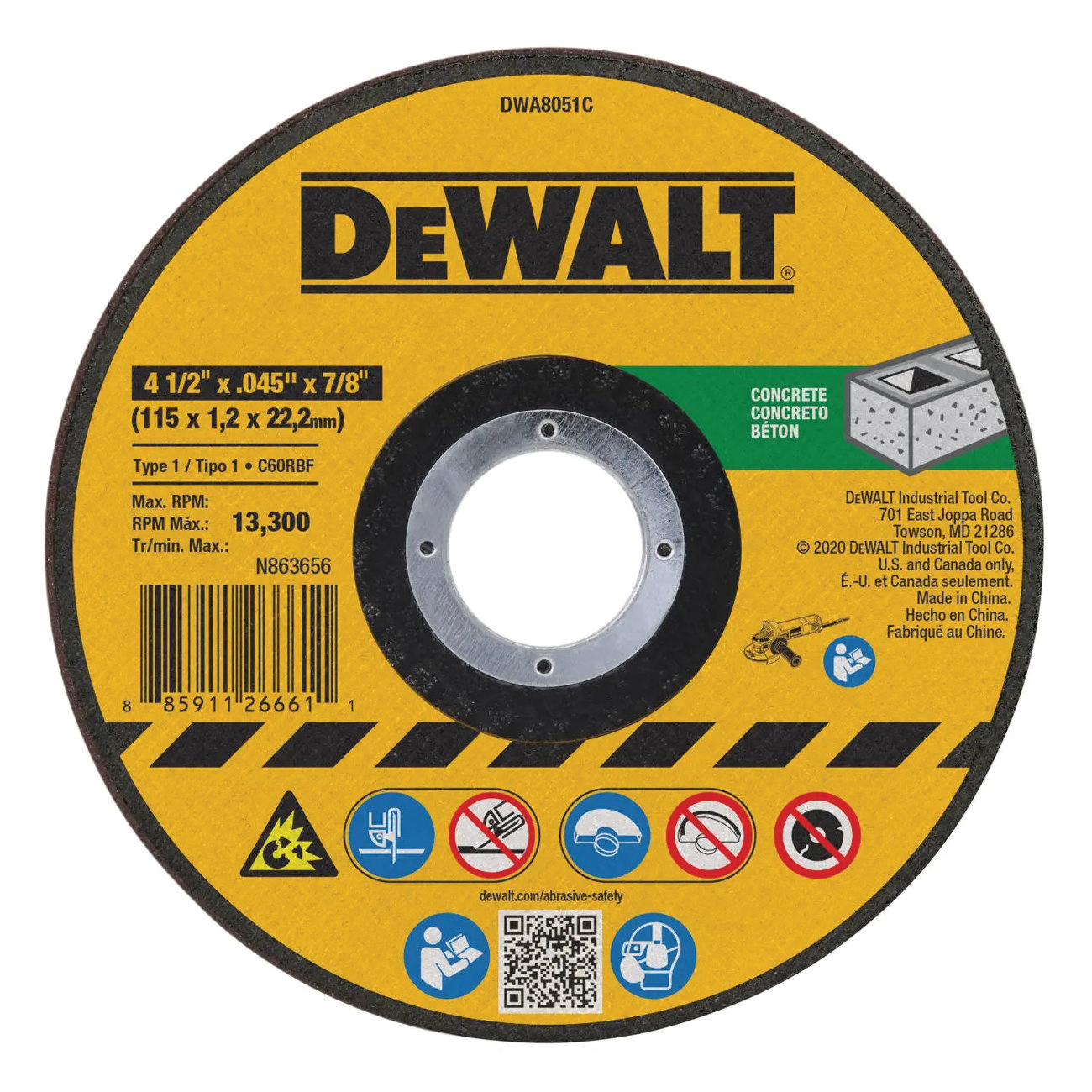 DWA8051C Cut-Off Wheel, 4-1/2 in Dia, 0.045 in Thick, 7/8 in Arbor, Silicone Carbide Abrasive