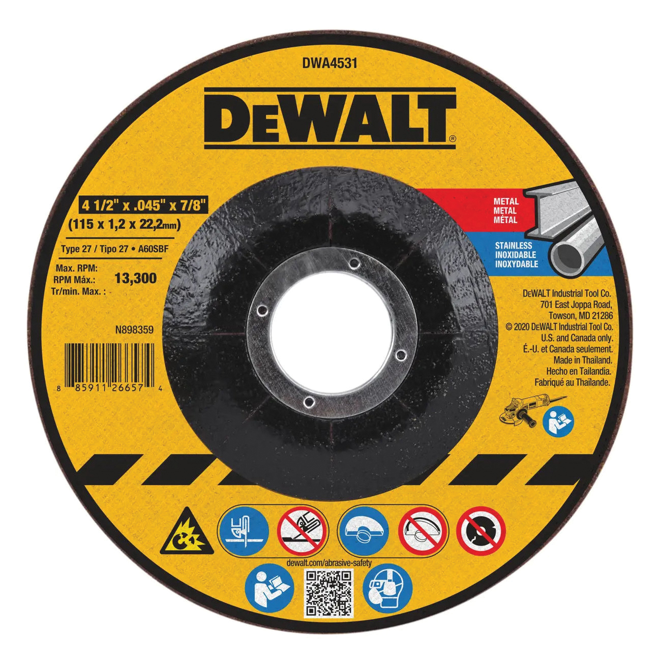 DWA4531 Cut-Off Wheel, 4-1/2 in Dia, 0.045 in Thick, 7/8 in Arbor, Very Fine, Aluminum Oxide Abrasive