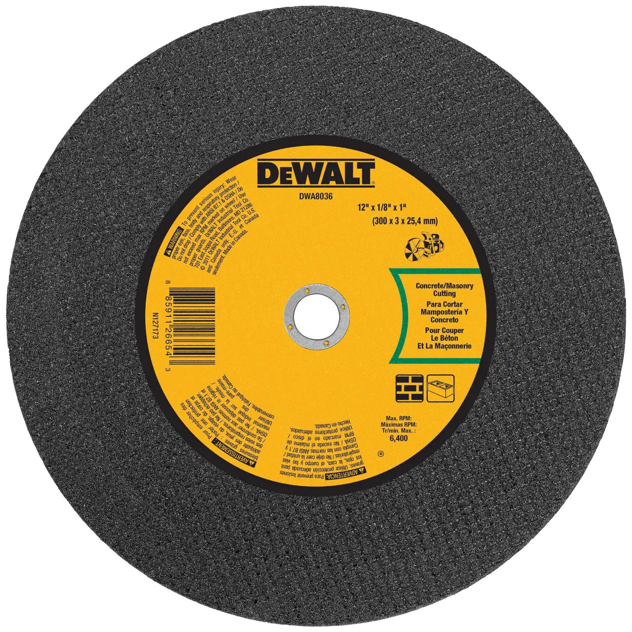 DWA8036 Cutting Wheel, 12 in Dia, 1/8 in Thick, 1 in Arbor, Coarse, Aluminum Oxide Abrasive