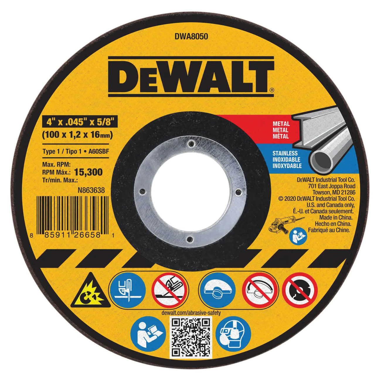 DWA8050 Cut-Off Wheel, 4 in Dia, 0.045 in Thick, 5/8 in Arbor, Aluminum Oxide Abrasive