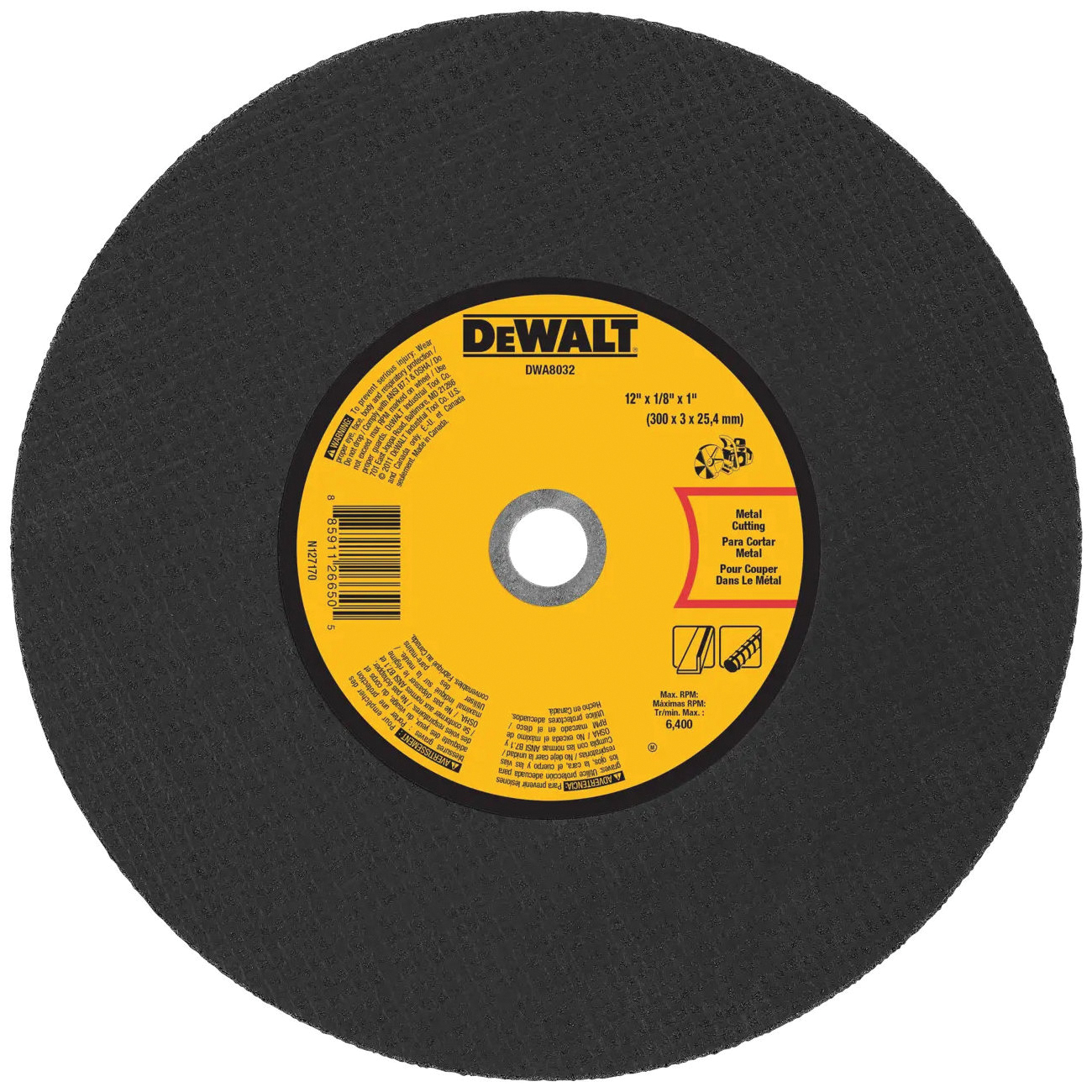 DWA8032 Cut-Off Wheel, 12 in Dia, 1/8 in Thick, 1 in Arbor, Coarse, Aluminum Oxide Abrasive