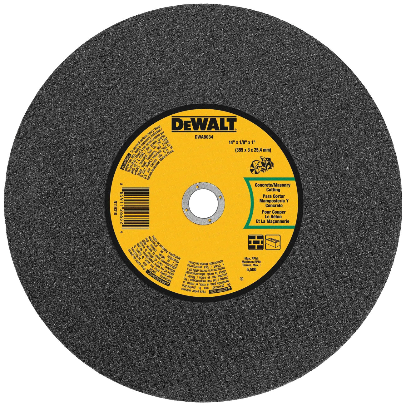 DWA8034 Cut-Off Wheel, 14 in Dia, 1/8 in Thick, 1 in Arbor, Coarse, Aluminum Oxide Abrasive