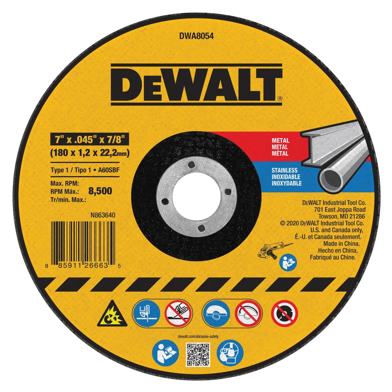 DWA8054 Cut-Off Wheel, 7 in Dia, 0.045 in Thick, 7/8 in Arbor, Very Fine, Aluminum Oxide Abrasive