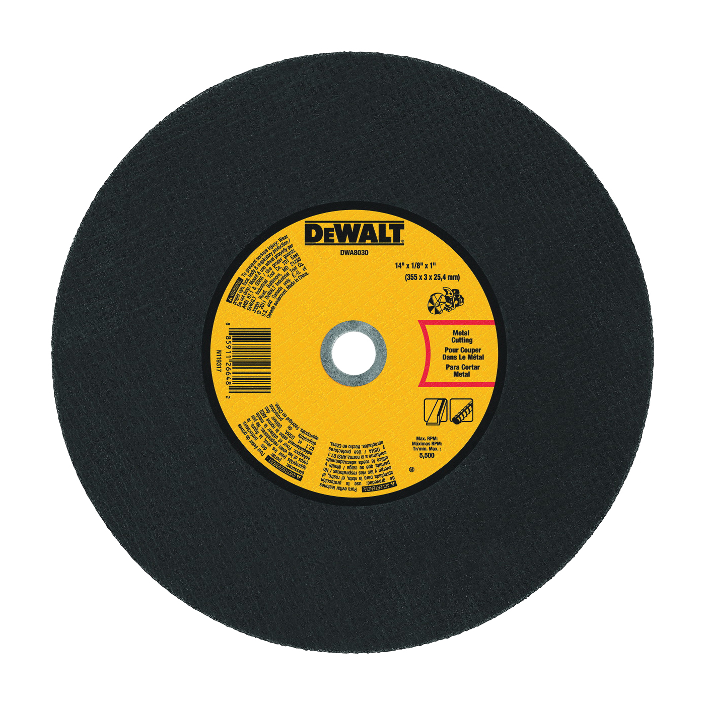 DWA8030 Cutting Wheel, 14 in Dia, 1/8 in Thick, 1 in Arbor, Coarse, Aluminum Oxide Abrasive