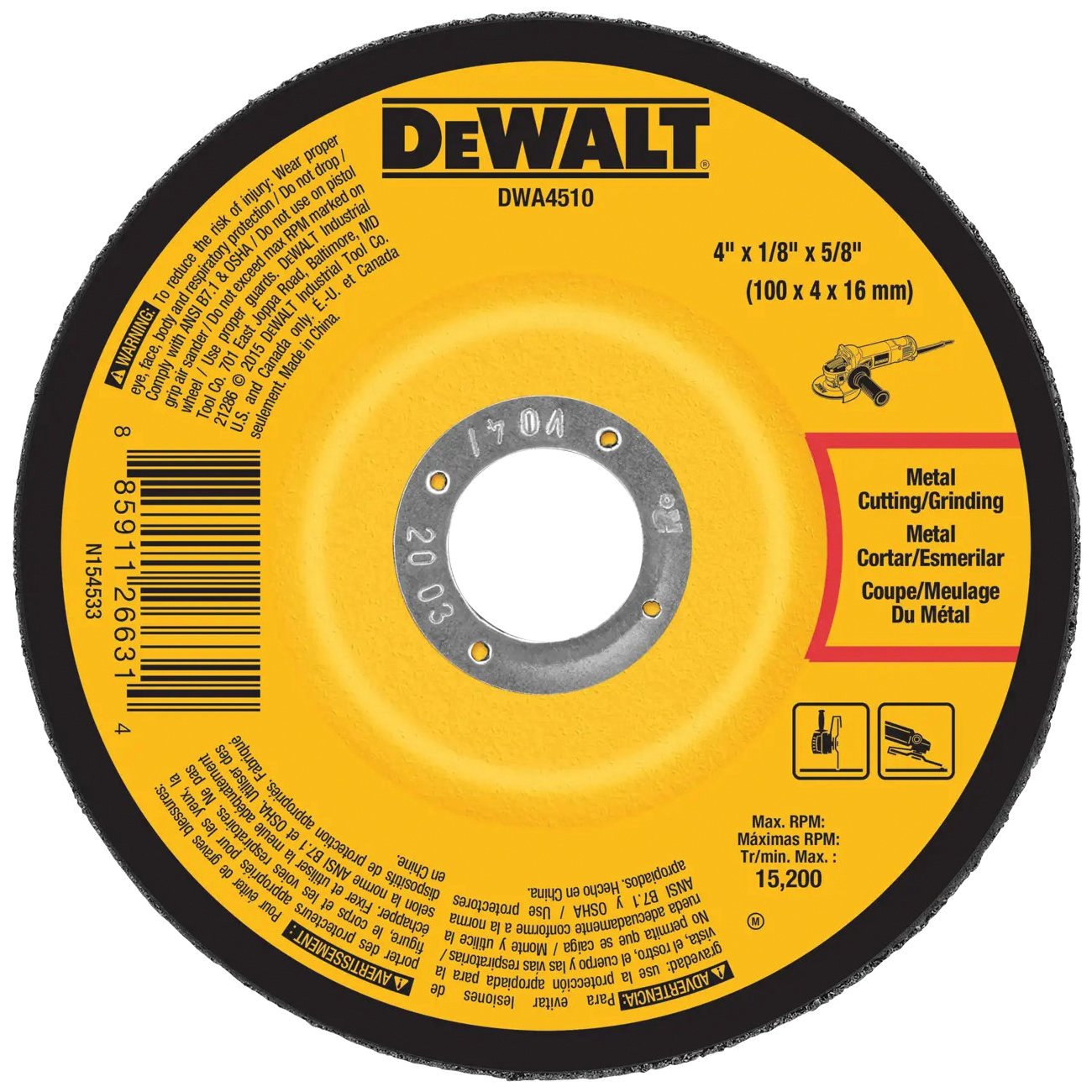 DWA4510 Grinding Wheel, 4 in Dia, 1/8 in Thick, 5/8 in Arbor, 24 Grit, Very Coarse, Aluminum Oxide Abrasive