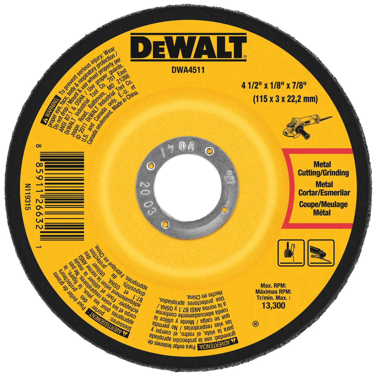 DWA4511 Grinding Wheel, 4-1/2 in Dia, 1/8 in Thick, 7/8 in Arbor, 24 Grit, Very Coarse, Aluminum Oxide Abrasive