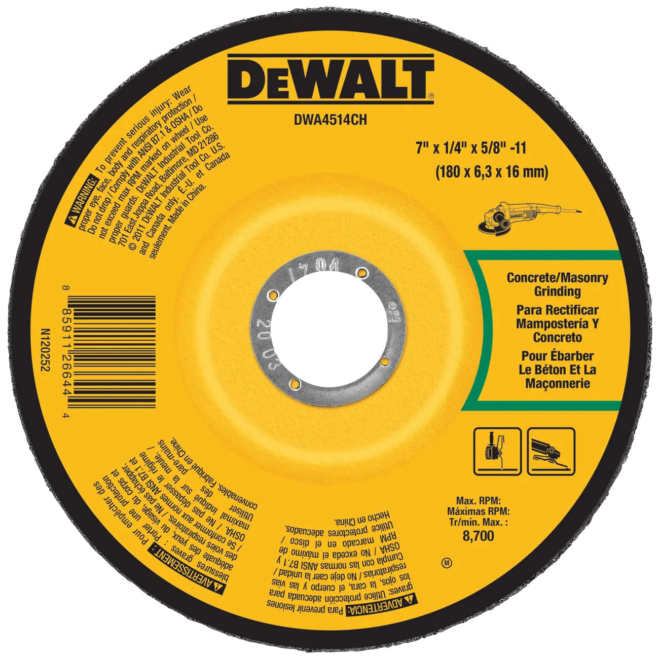 DWA4514CH Grinding Wheel, 7 in Dia, 1/4 in Thick, 5/8-11 Arbor, 24 Grit, Extra Coarse, Aluminum Oxide Abrasive