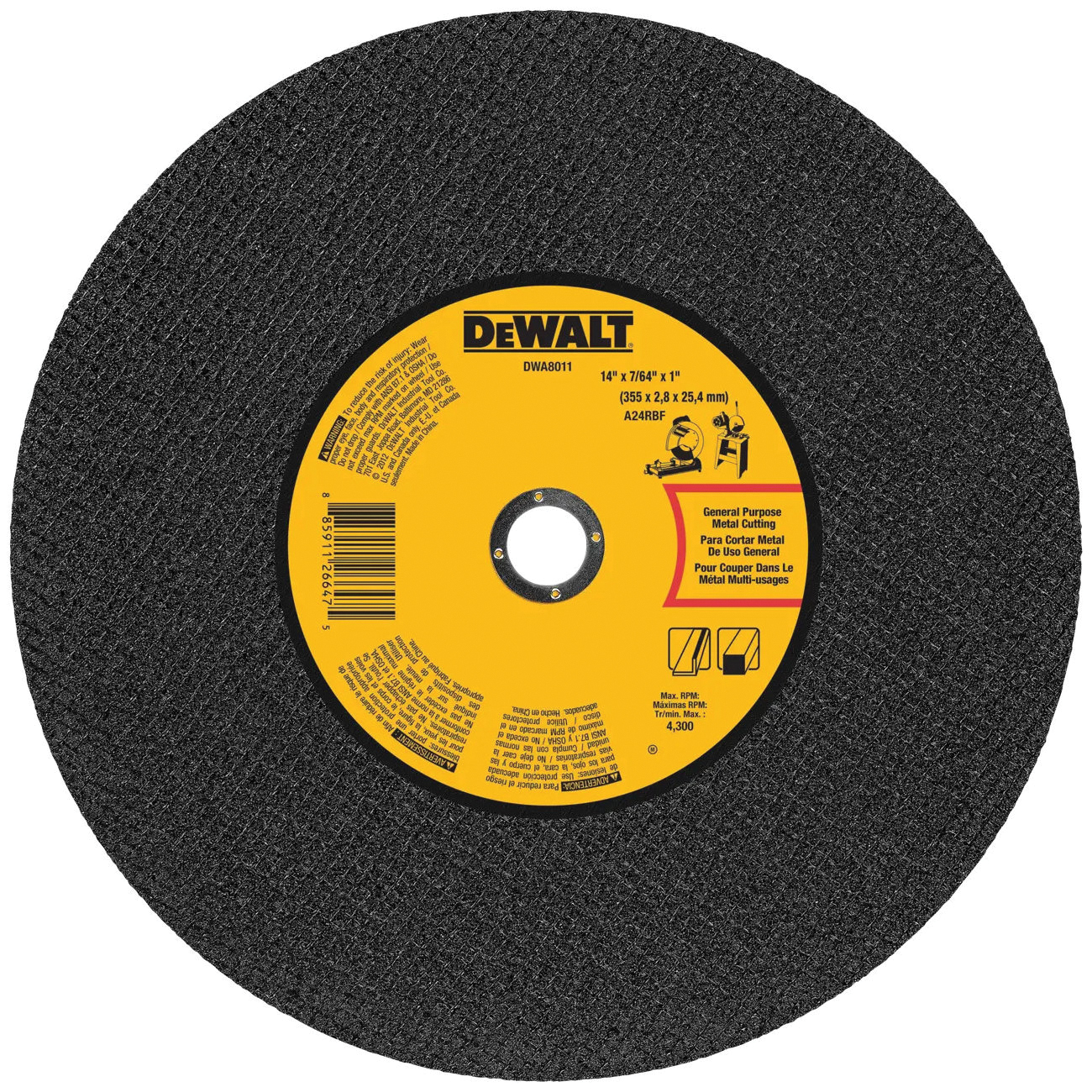 DWA8011 Cutting Wheel, 14 in Dia, 7/64 in Thick, 1 in Arbor, Coarse, Aluminum Oxide Abrasive