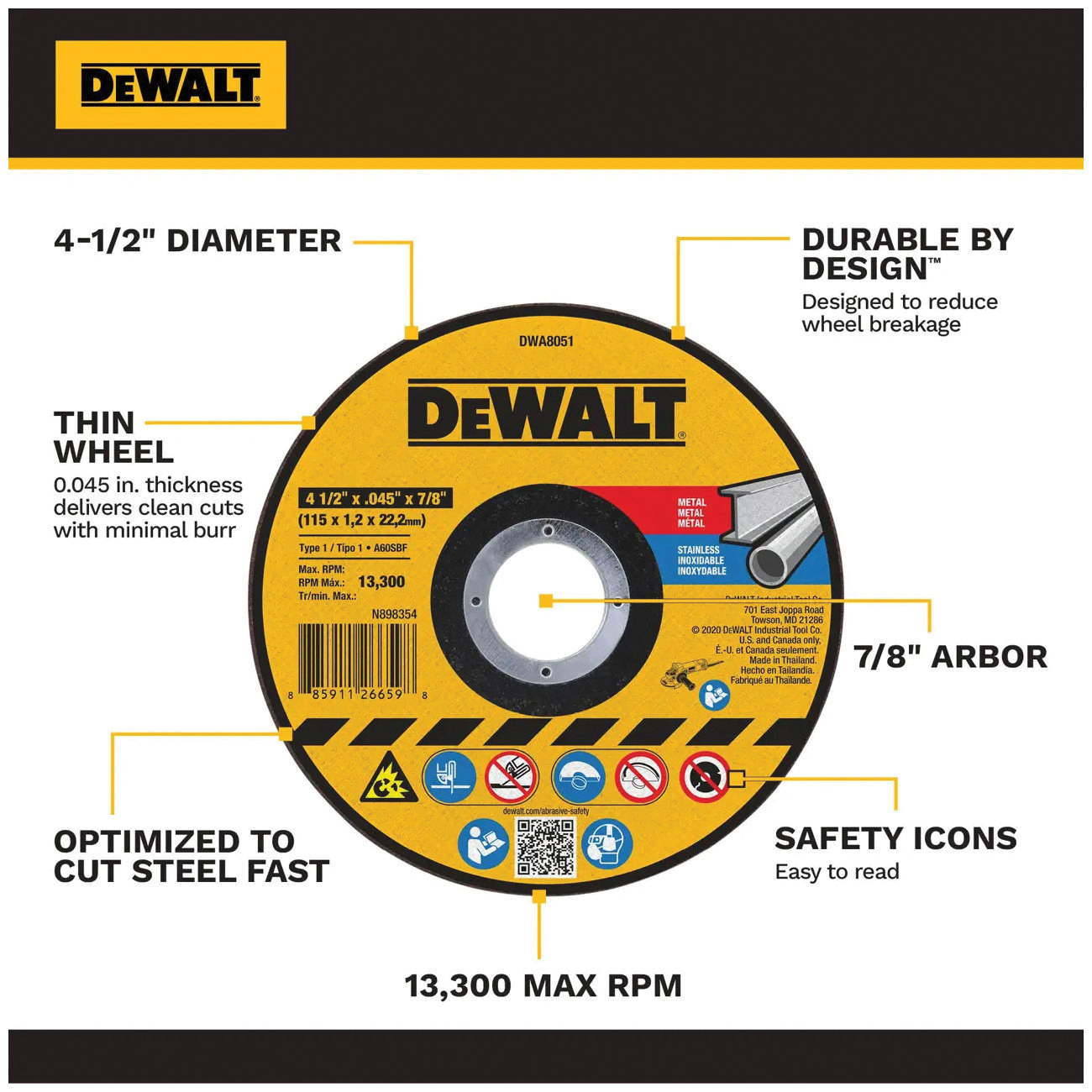 DEWALT DWA8051 Cut-Off Wheel, 4-1/2 in Dia, 0.045 in Thick, 7/8 in Arbor, Medium, Aluminum Oxide Abrasive - 2
