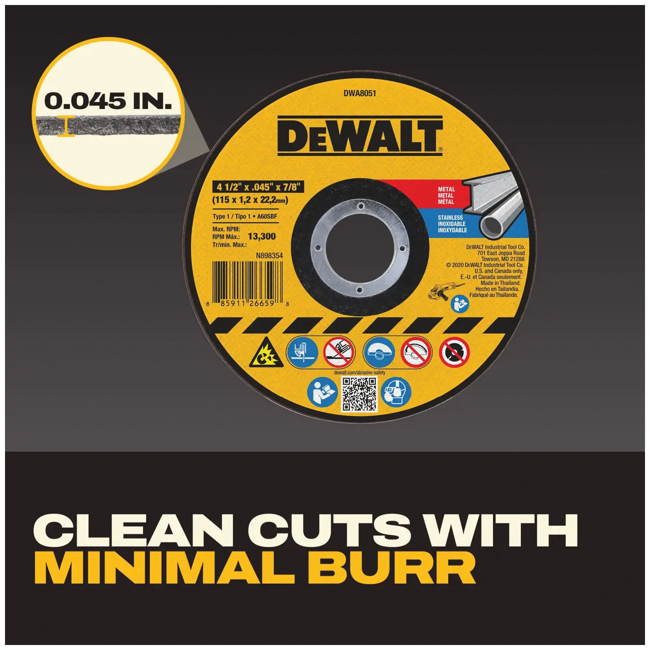 DEWALT DWA8051 Cut-Off Wheel, 4-1/2 in Dia, 0.045 in Thick, 7/8 in Arbor, Medium, Aluminum Oxide Abrasive - 3