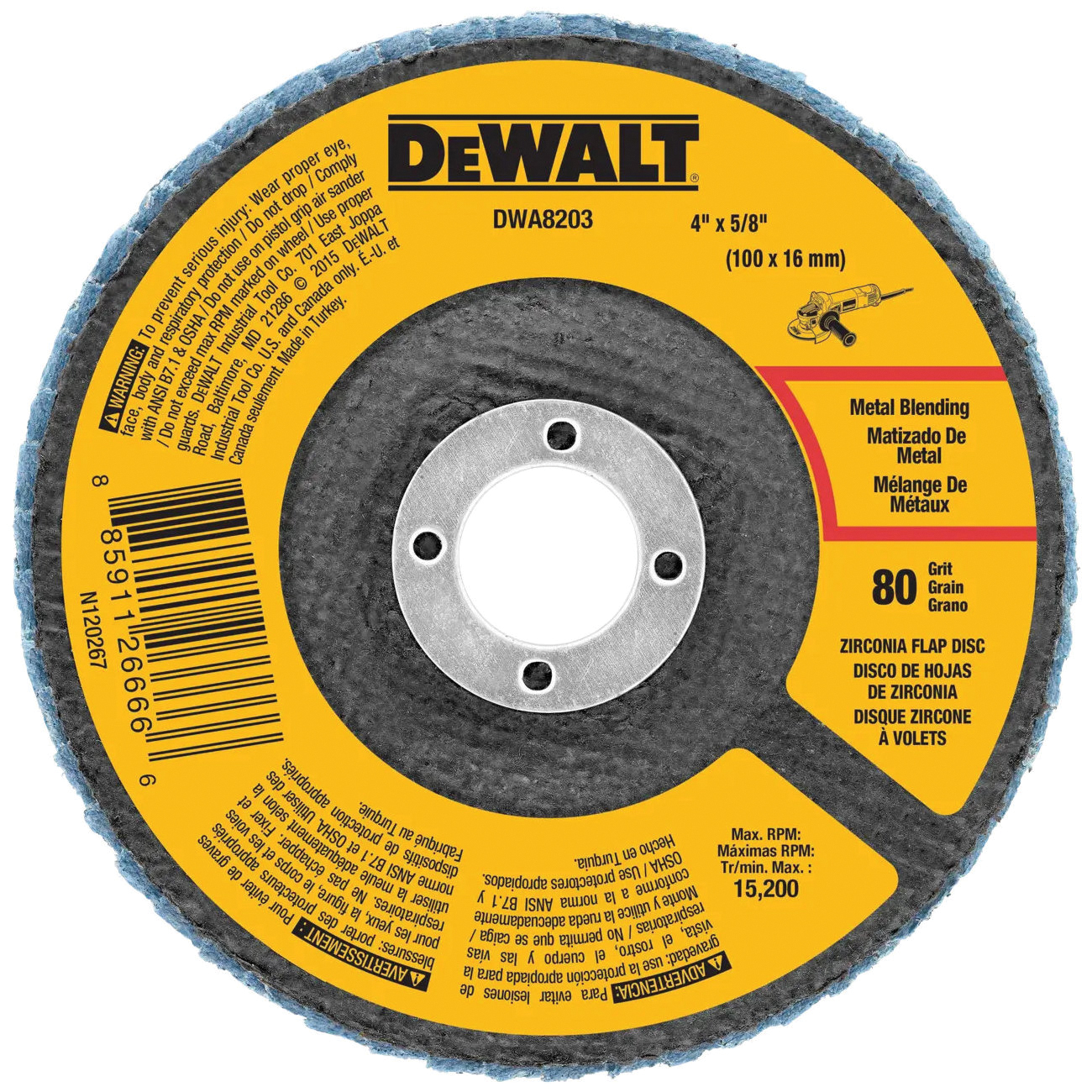 DWA8203 Flap Disc, 4 in Dia, 5/8 in Arbor, 80 Grit, Medium, Zirconia Abrasive, Fiberglass Backing, Center Hole