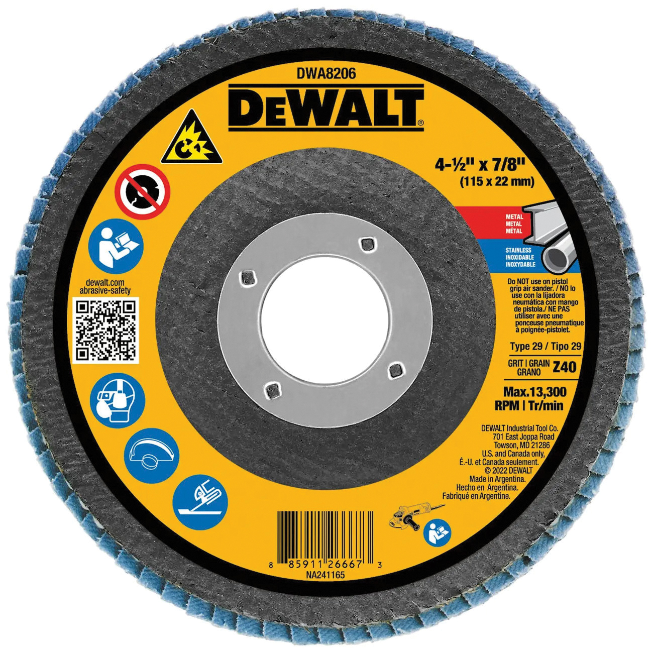 DWA8206 Flap Disc, 4-1/2 in Dia, 7/8 in Arbor, 40 Grit, Coarse, Zirconia Abrasive, Fiberglass Backing