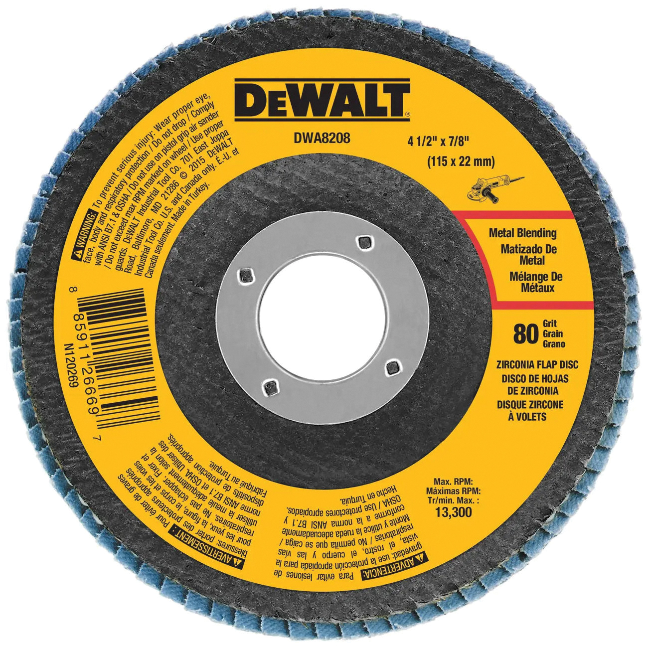 DWA8208 Flap Disc, 4-1/2 in Dia, 7/8 in Arbor, 80 Grit, Medium, Zirconia Abrasive, Fiberglass Backing
