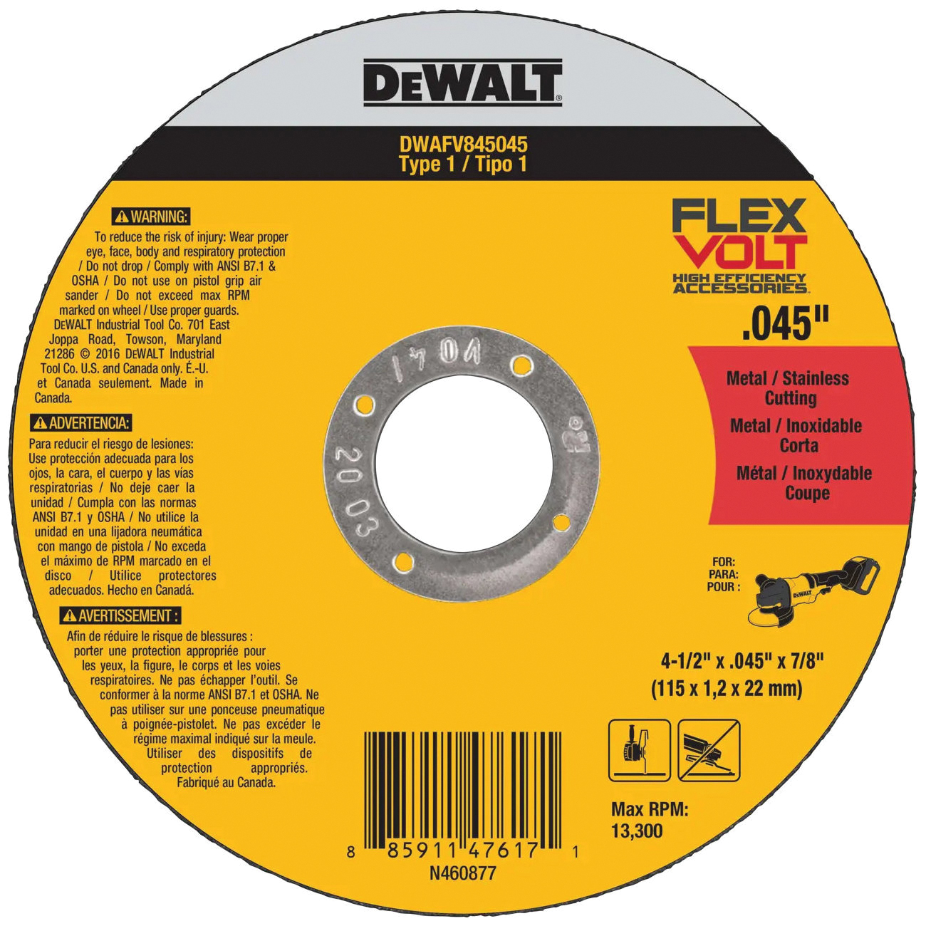 DWAFV845045 Cutting Wheel, 4-1/2 in Dia, 0.045 in Thick, 7/8 in Arbor, 24 Grit, Medium, Ceramic Abrasive