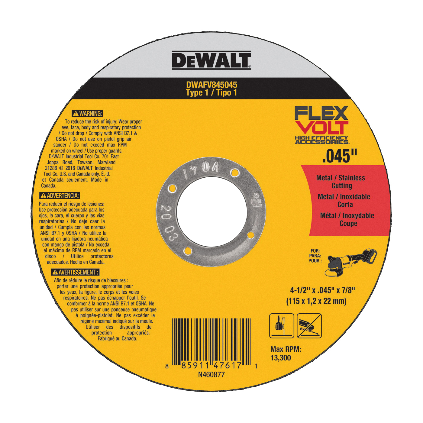 DWAFV845045B5 Cutting Wheel, 4-1/2 in Dia, 0.045 in Thick, 7/8 in Arbor, 24 Grit, Medium, Ceramic Abrasive