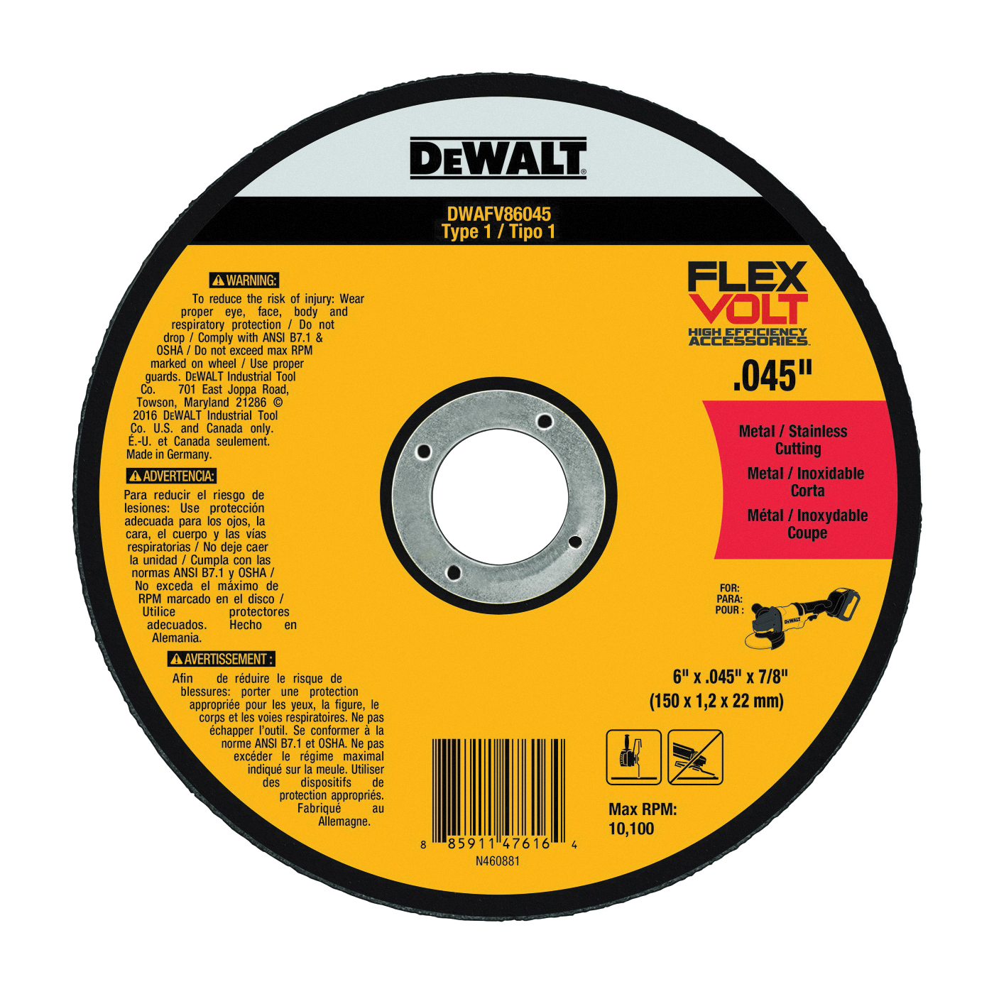 DWAFV86045 Cutting Wheel, 6 in Dia, 0.045 in Thick, 7/8 in Arbor, 24 Grit, Medium, Ceramic Abrasive