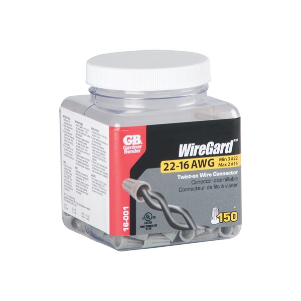 WireGard Wire Connector, Gardner Bender, 22 to 16 AWG Wire, Steel Contact, Polypropylene Housing Material, Gray, 150pk - 3