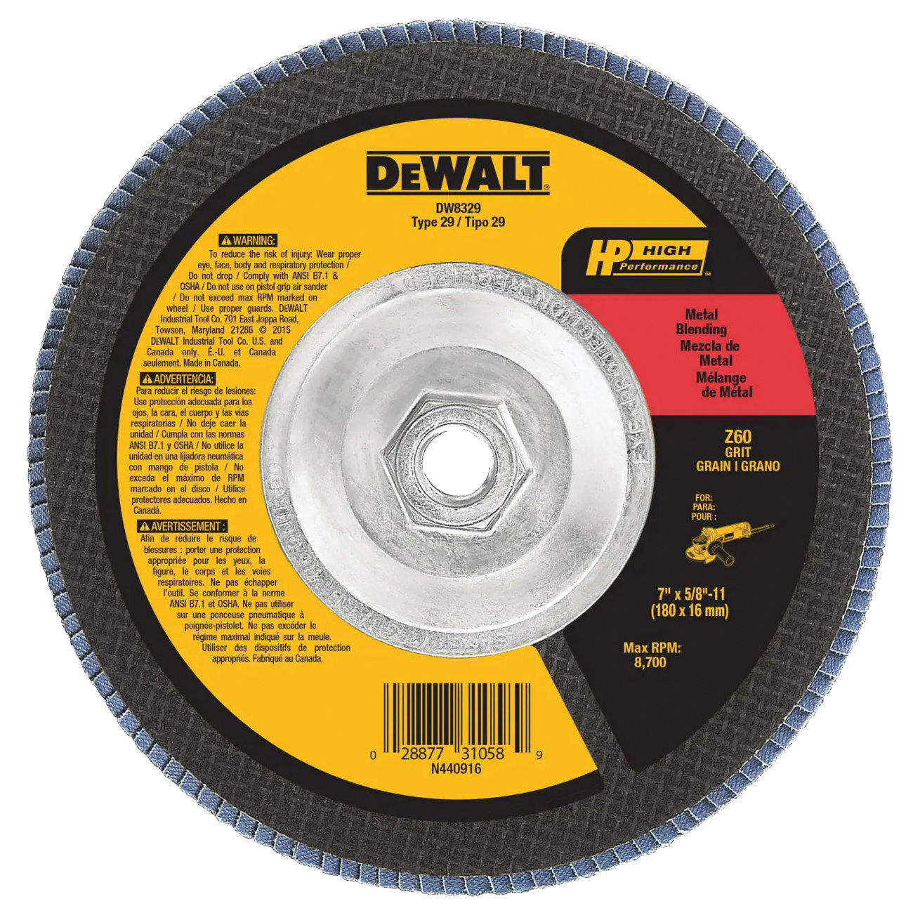 HP DW8329 Flap Disc, 7 in Dia, 5/8-11 Arbor, 60 Grit, Medium, Zirconia Abrasive, Fiberglass Backing