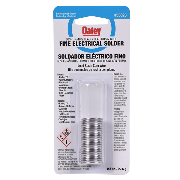 Oatey 53023 Rosin Core Solder, 0.8 oz Carded, Solid, Silver, 361 to 375 deg F Melting Point - 3