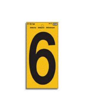 RV-75/6 Reflective Sign, Character: 6, 5 in H Character, Black Character, Yellow Background, Vinyl