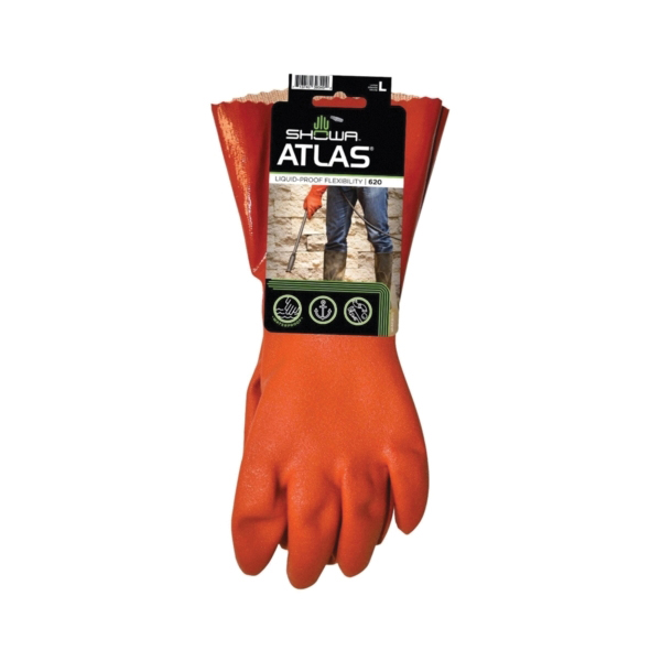 620L-09.RT Coated Gloves, L, 12 in L, Gauntlet Cuff, PVC Coating, PVC Glove, Orange