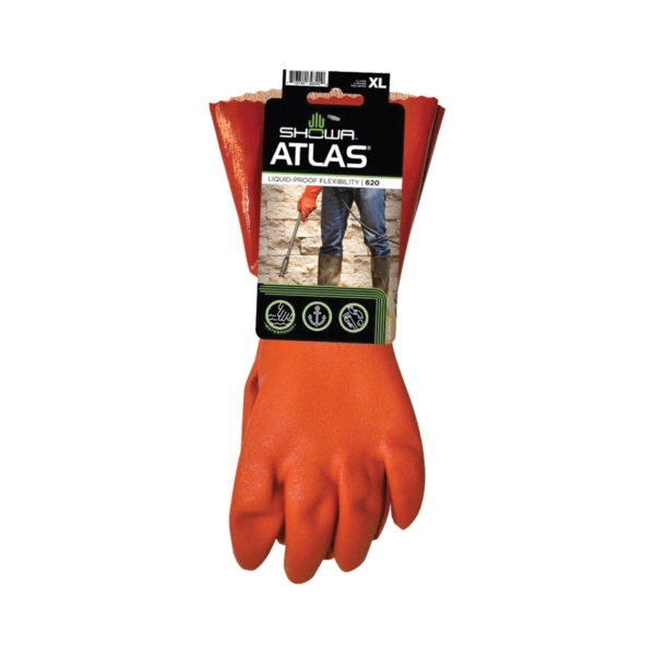 620XL-10.RT Coated Gloves, XL, 12 in L, Gauntlet Cuff, PVC Coating, PVC Glove, Orange
