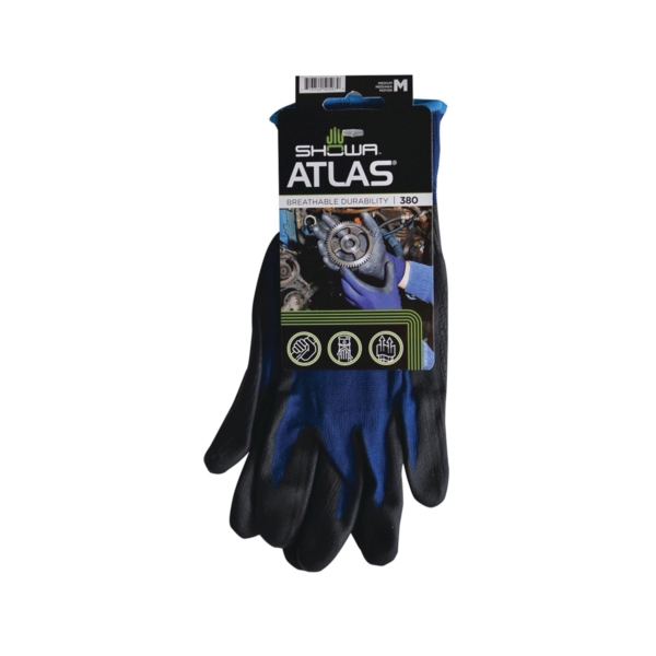 380M-07.RT Lightweight Coated Gloves, M, 8-21/32 to 10-15/64 in L, Elastic Cuff, Nitrile Foam Coating, Black/Blue