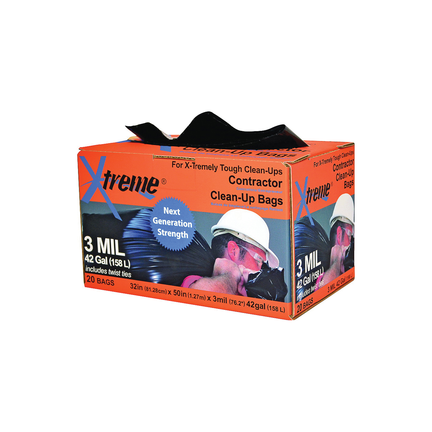 INV-50-20CB-I Contractor Clean-Up Bag, 42 gal, Plastic, Black