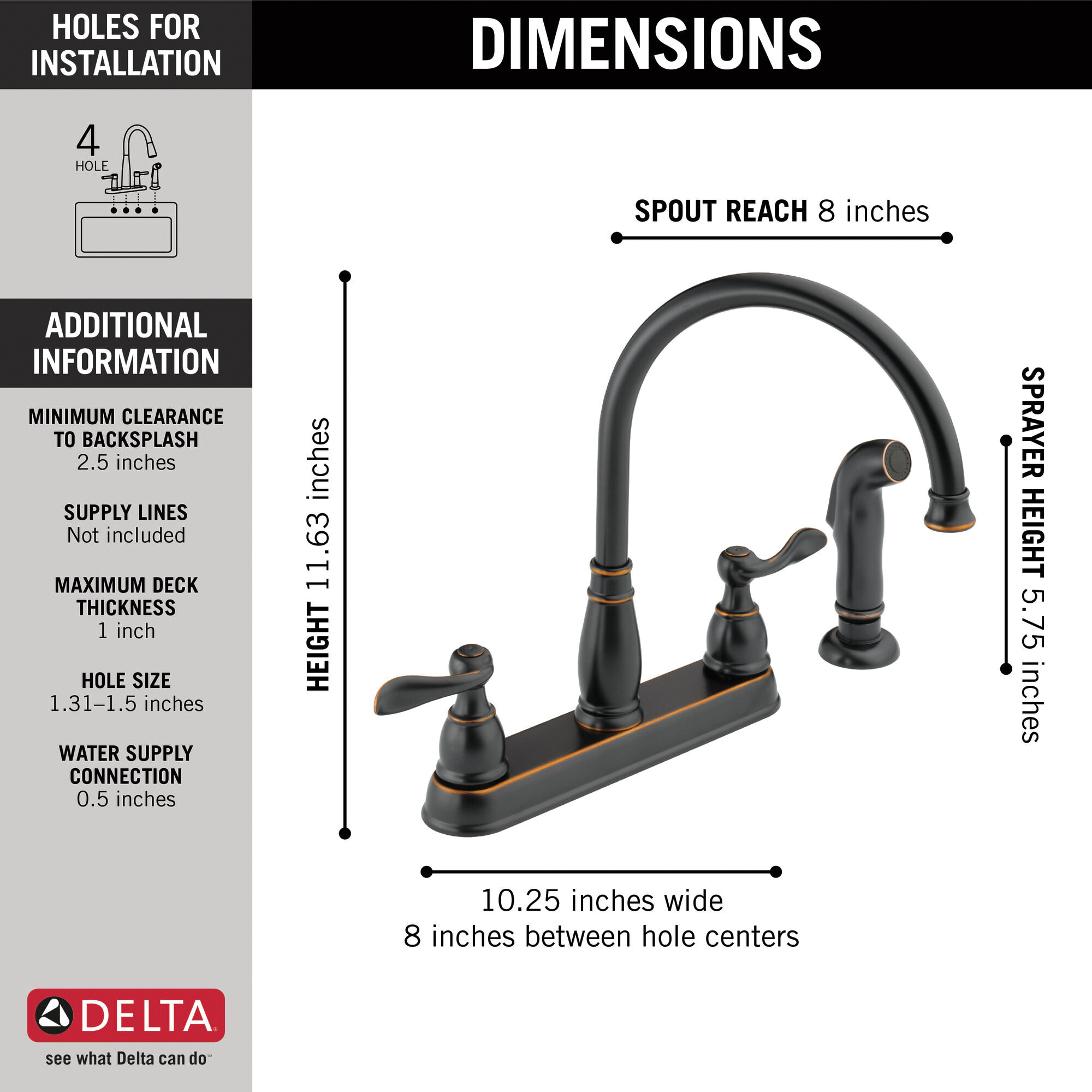 Delta Windemere Series 21996LF-OB Kitchen Faucet with Side Sprayer, 1.8 gpm, 2-Faucet Handle, 4-Faucet Hole, Plastic - 2