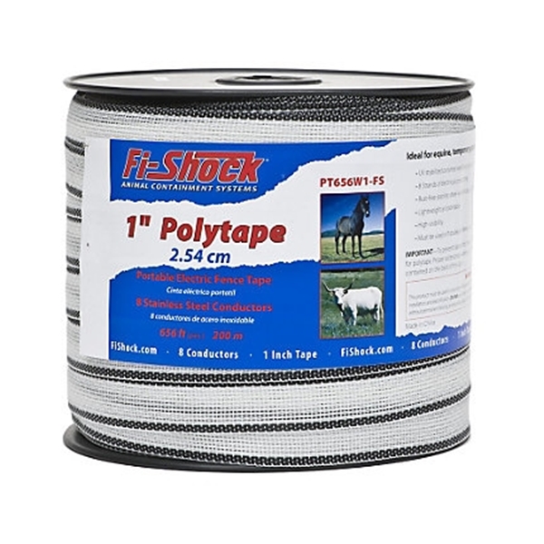 Fi-Shock PT656W1-FS Polytape, 656 ft L, 1 in W, 8-Strand, Stainless Steel Conductor, White