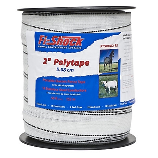 Fi-Shock PT500W2-FS Polytape, 500 ft L, 2 in W, 14-Strand, Stainless Steel Conductor, White