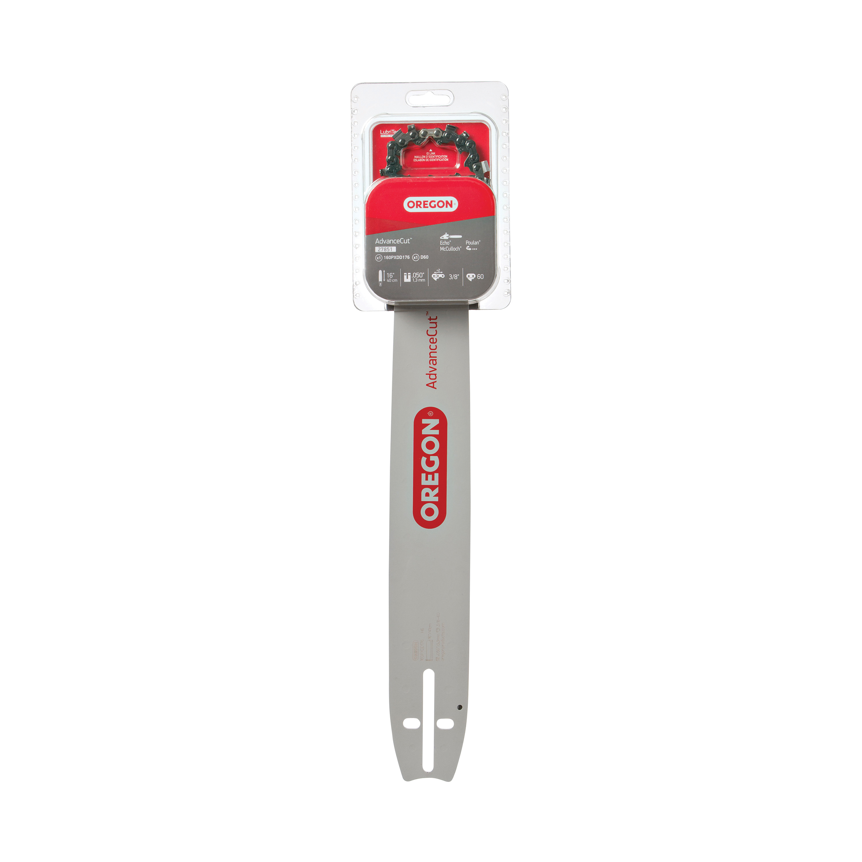 AdvanceCut Series 27851 Bar and Chain Combo, S Bar Nose Radius, 60-Drive Link, 72V Chain, 3/8 in TPI/Pitch