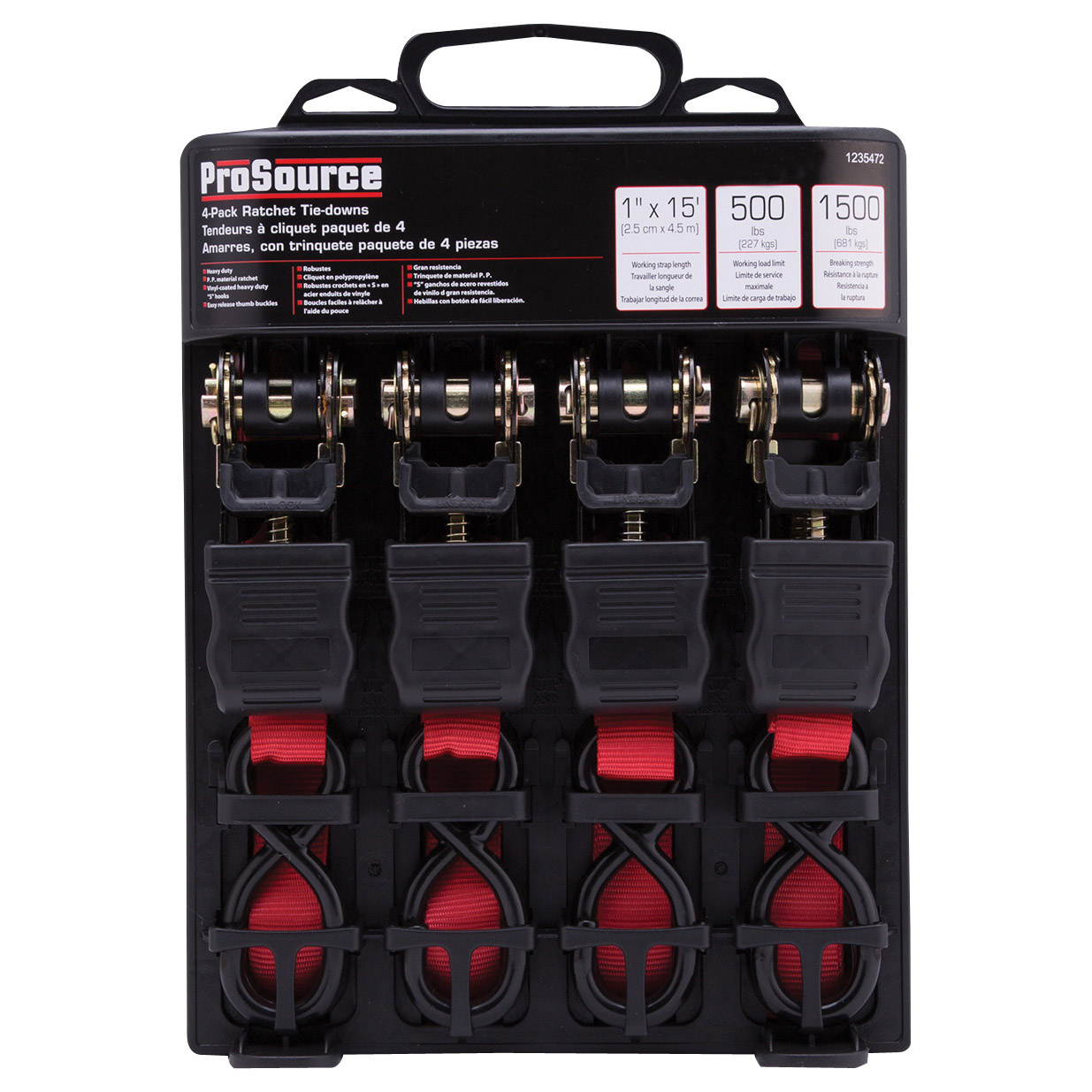 FH64069 Tie-Down, 1 in W, 15 ft L, Metal/Polyester, Red, 500 lb, S-Hook End Fitting, Steel End Fitting